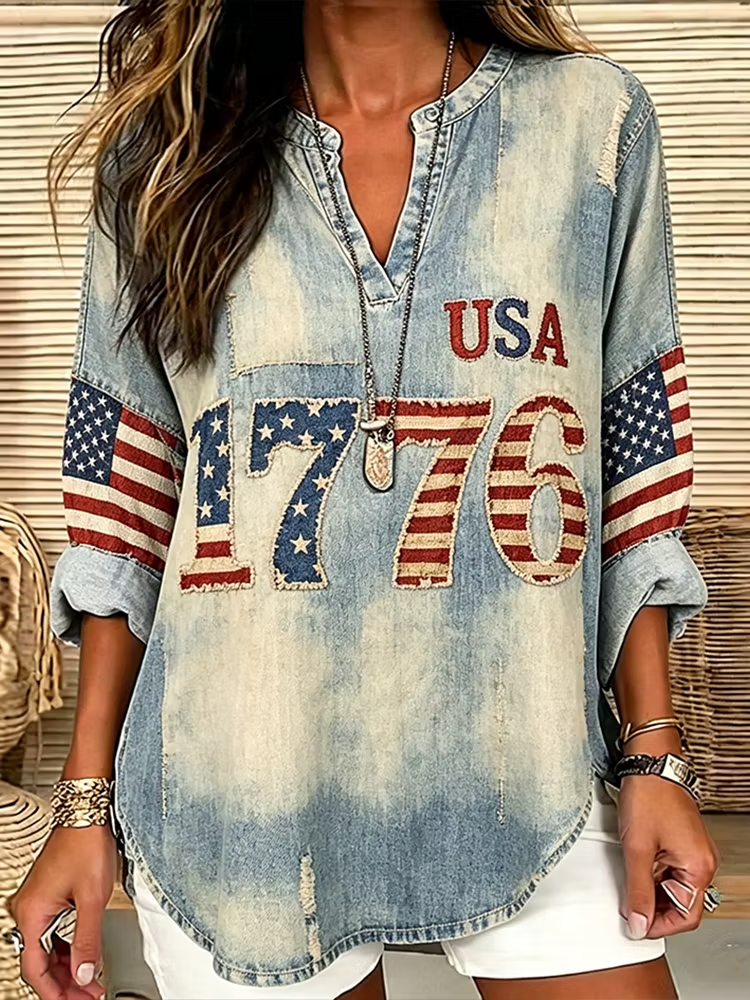 Vintage American Flag Element Pattern Design Casual Linen Top