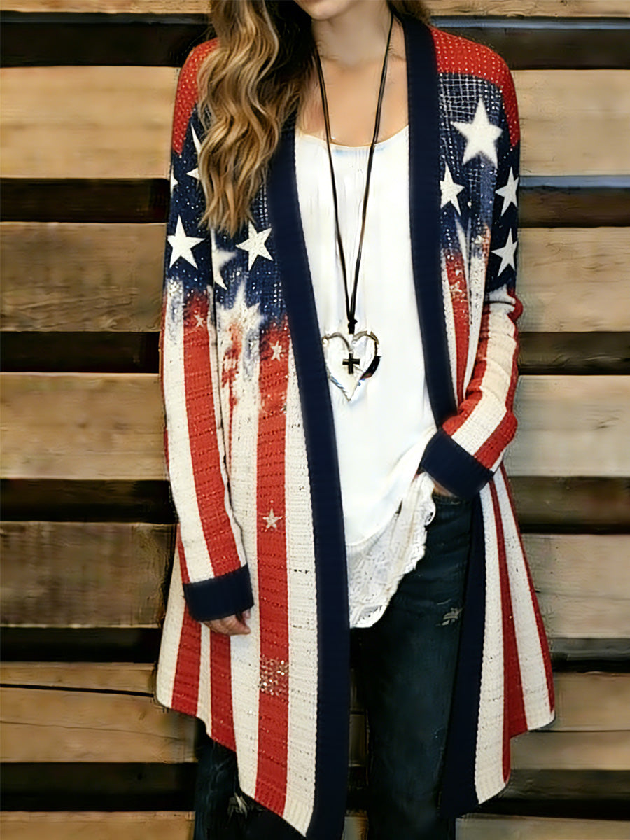 Women's Casual American Flag Print Cardigan
