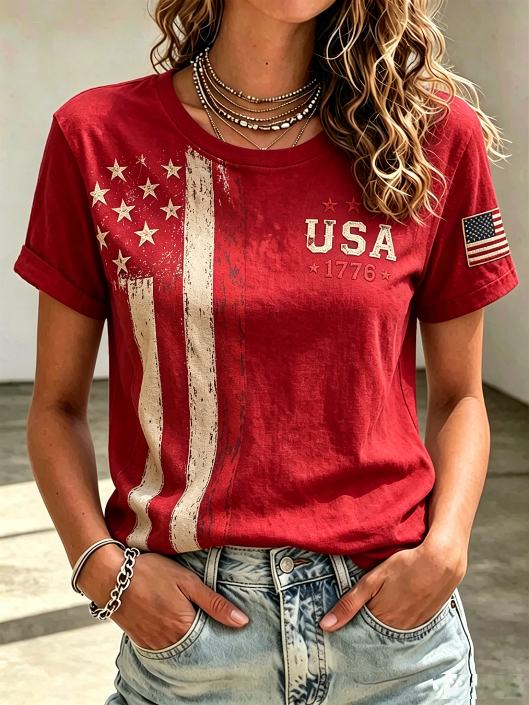 Ladies' Casual American 250Th Anniversary Commemorative Round Neck Short Sleeved T-Shirt