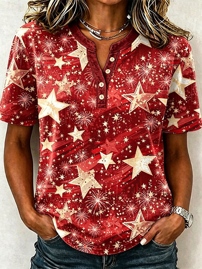 Female Leisure Patriotic Fireworks Flag Button T-Shirt