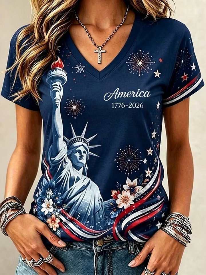 American Women'S 250Th Anniversary Casual Statue Of Liberty Personalized Printed V-Neck T-Shirt
