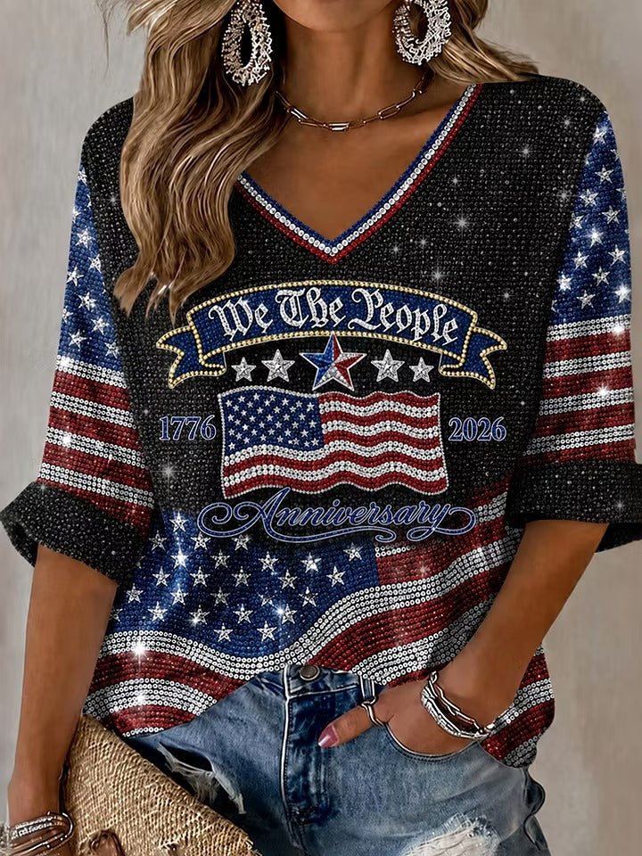 Women's Retro Independence Day Anniversary Printed Cotton Linen T-shirt