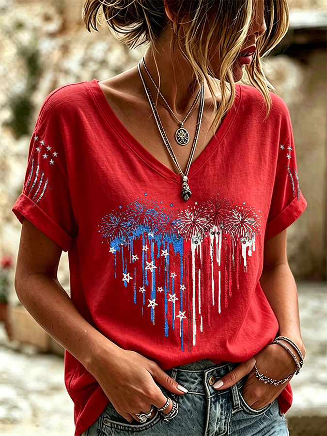 Women'S Casual America Flag Cotton Linen V-Neck T-Shirt