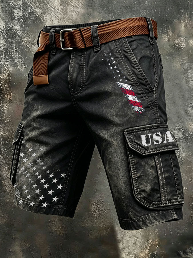 Men's Independence Day USA Flag Print Denim-Like Cargo Shorts